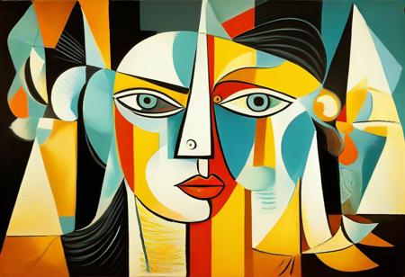 masterpiece, best quality, illustration, style of Pablo Picasso, cubist, complementary colors, abstract landscape,