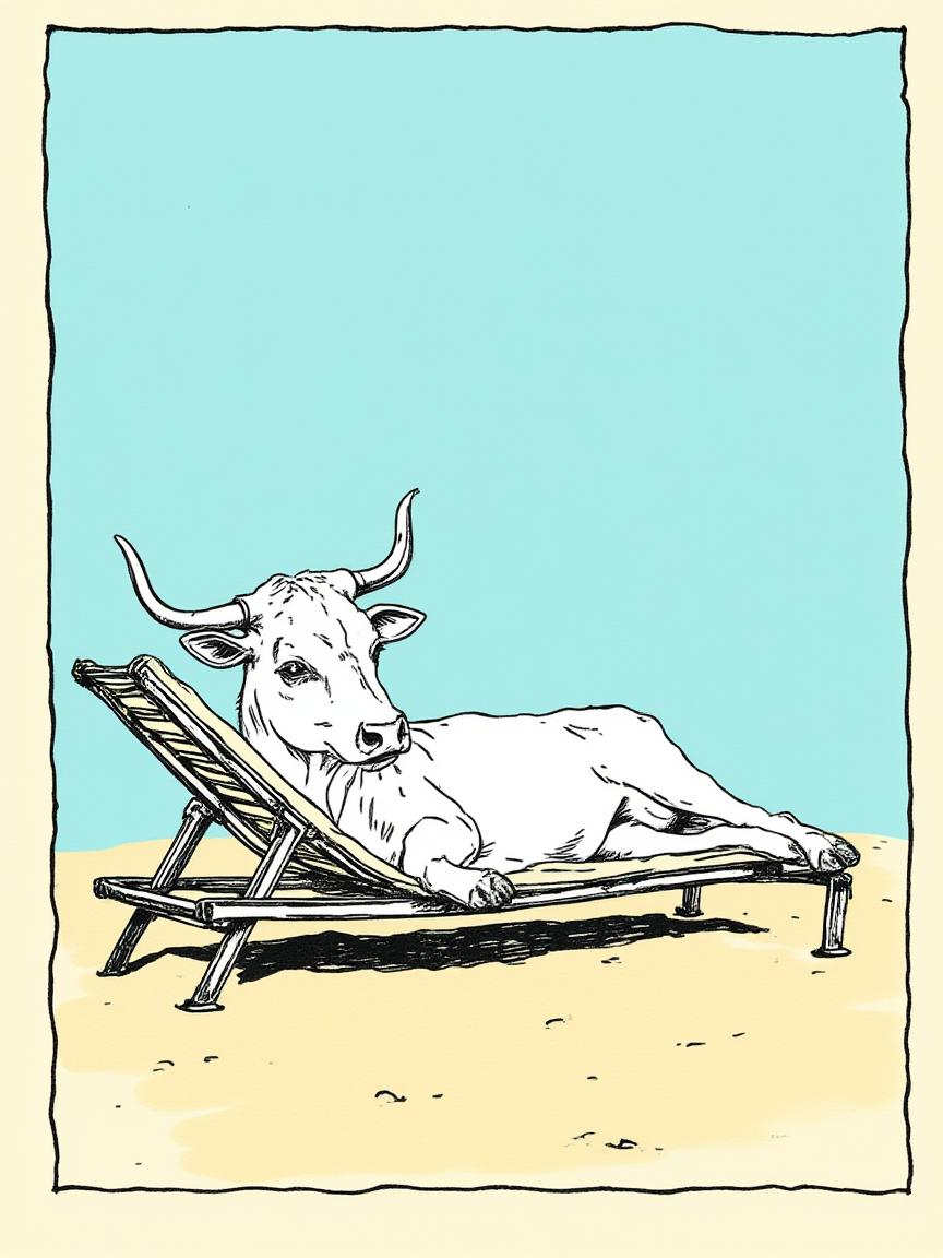 1nk3dm1lk An illustrated image of a cow lounging on a sunbed at a beach. background is sky blue, frame is sandy beige with dark thin border, <lora:inkedgemono-simple_epoch-08:1.0>