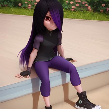 Juleka 1girl solo black hair purple hair black shirt leggings black sneakers  hair over one eye red eyes