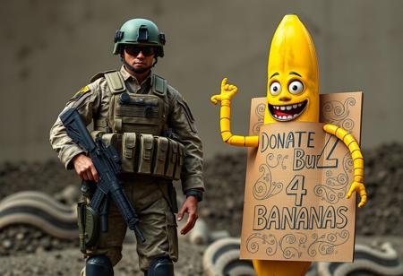 A highly detailed, full-figure real-life Marine Corps perfect soldier, standing still in a strong, disciplined stance. The soldier is fully equipped with modern, advanced weaponry and tactical gear, ready for action, displaying intense focus. In front of them stands a 2-meter-tall anthropomorphic yellow banana with human-like limbs, expressive eyes, and a mischievous grin, creating a surreal juxtaposition. Next to the banana is a cool, intricately detailed cardboard sign with complex designs that reads, ‘Donate Buzz 4 Bananas,’ featuring creative typography and artistic elements. The scene is rich in texture and contrast, blending the serious military theme with absurd humor.