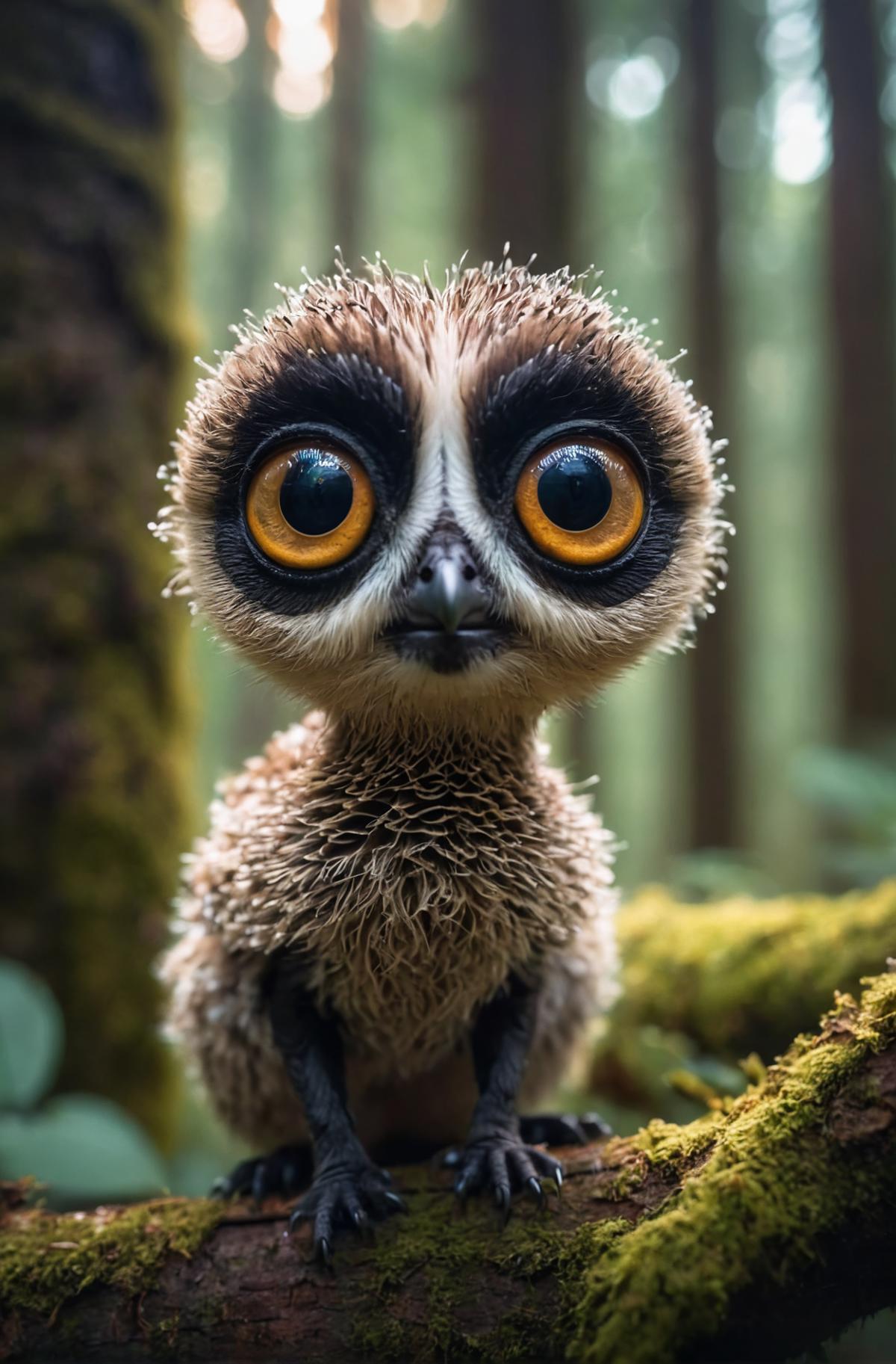 A baby owl with big eyes standing on a tree branch.
