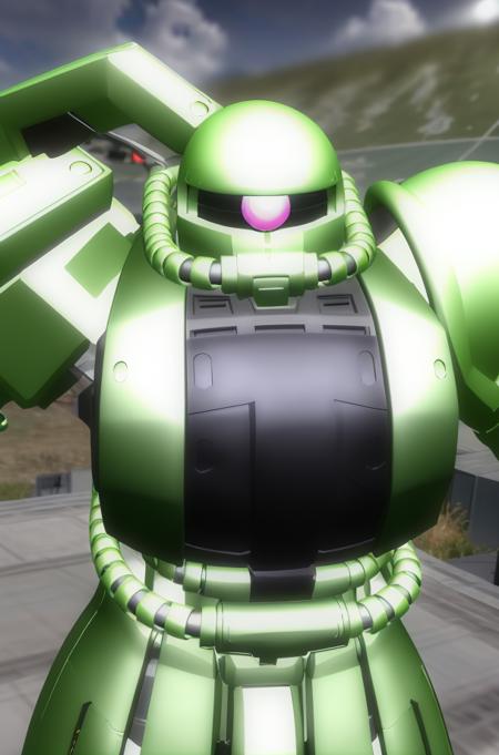 green robot,mecha, 
Standing on a road,(from-front:1.5), (upper_body),
Green_outfit,helmet,armor, shoulder armor, armored boots, military,a gun in his hand, 
<lora:MS_06F_Zaku_II-KK77-V1:0.85>,with a pink eyeball in the center of his head, 
NSFW,official art,extremely detailed CG unity 8k wallpaper, perfect lighting,Colorful, Bright_Front_face_Lighting,
 (masterpiece:1.0),(best_quality:1.0), ultra high res,4K,ultra-detailed, photography, 8K,
 HDR, highres, absurdres:1.2, Kodak portra 400, film grain, blurry background, bokeh:1.2, lens flare, (vibrant_color:1.2)