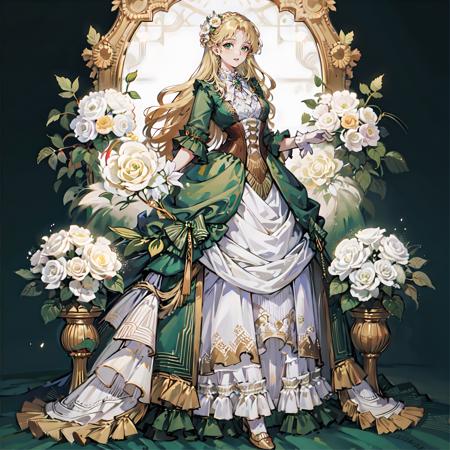 masterpiece, best quality, ultra-detailed,best shadow,1girl,solo,full body,long hair,blond hair, green dress,white gloves,white jabot with green gemstone,white background, looking at viewer,<lora:Audrey-000010:1> ,blowing flowers <lora:standingFullBodyWithBackgroundStyle_v10Offset:1>