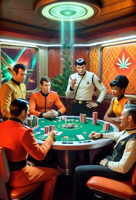 A group of Starfleet officers playing poker in a dimly lit lounge on the USS Enterprise, with Spock raising an eyebrow as he bluffs his way through a hand. Kirk is grinning, McCoy is scowling, and Uhura is watching the game with amusement. The lounge is filled with the sounds of clinking glasses and hushed conversations. The style is a blend of cinematic realism and retro-futurism, 420futurism reminiscent of the works of Norman Rockwell and Syd Mead, with a color palette of warm browns, reds, and oranges, surreal setting, colorful textures, high fidelity