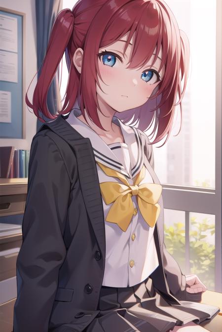 rubykurosawa, <lora:rubykurosawa-lora-nochekaiser:1>, 
ruby kurosawa, aqua eyes, medium hair, red hair, two side up, twintails, (flat chest:1.2), 
BREAK black socks, bow, bowtie, brown footwear, buttons, grey sailor collar, grey skirt, loafers, long sleeves, miniskirt, pleated skirt, sailor collar, school uniform, serafuku, shirt, shoes, skirt, uranohoshi school uniform, white shirt, winter uniform, yellow bow, yellow bowtie,
BREAK looking at viewer, 
BREAK indoors, classroom, 
BREAK <lyco:GoodHands-beta2:1>, (masterpiece:1.2), best quality, high resolution, unity 8k wallpaper, (illustration:0.8), (beautiful detailed eyes:1.6), extremely detailed face, perfect lighting, extremely detailed CG, (perfect hands, perfect anatomy),