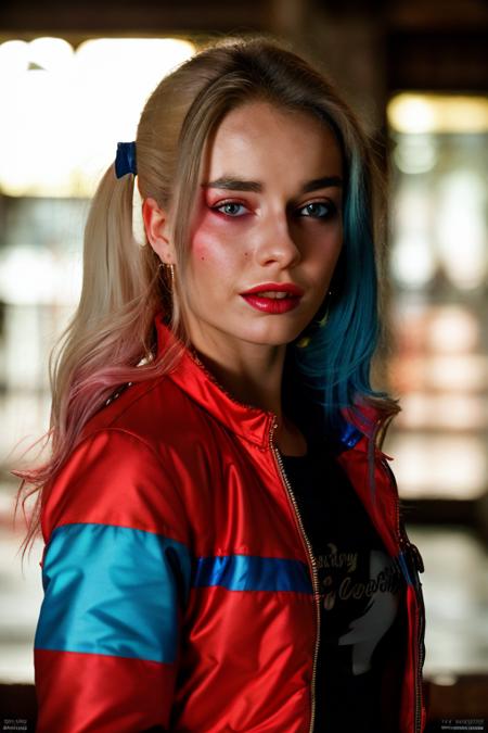 (close-up, editorial photograph of a DanicaFace, red blue jacket), (highly detailed face:1.4), (background inside dark, moody, private study:1.3), full body portrait, by lee jeffries, nikon d850, film stock photograph ,4 kodak portra 400 ,camera f1.6 lens ,rich colors ,hyper realistic ,lifelike texture, dramatic lighting , cinestill 800, quinn_costume  <lora:quinn:1.05>,  DanicaFace  <lora:DanicaFace-000001:1>
