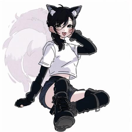 <lora:fuuka_kobayashi:1.0>, (fuuka_kobayashi:1.0), drawing, 1girl, animal ears, black hair, boots, fingerless gloves, gloves, high ponytail, highres, looking at viewer, midriff, navel, shirt, shorts, sketch, tied shirt, tongue, tongue out, wolf ears