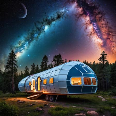 Interstellar Nomadic Caravan:
Imagine a caravan of massive, mobile habitats traveling through deep space. Each habitat is a self-contained ecosystem, with domes housing forests, lakes, and small communities. The exterior of the habitats is adorned with colorful patterns and symbols, representing different cultures and species. The caravan moves against the backdrop of a star-filled galaxy, with planets, nebulae, and distant starships visible in the distance.