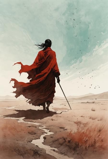 A mysterious figure draped in tattered red robes strides across a windswept plateau, their silhouette stark against a vast expanse of sky rendered in soft, smoky ink-wash tones. Swirling gusts of wind are depicted with sweeping, textured strokes, carrying faint traces of dust and scattered leaves. A faint turquoise glow emanates from the figure's staff, adding a surreal contrast to the muted, earth-toned landscape. The composition emphasizes negative space, with delicate, flowing textures lending a sense of vastness and solitude