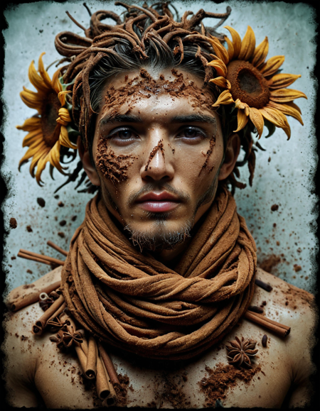 roots with Sunflower, Tired Ming Dynasty (ral-spicecinnamon:1.3) , Scarf, Panorama, stylized by Lorenzo Costa the Younger, Carne Griffiths, Grim, Icepunk, soft diffused lighting, Slow Shutter Speed, Kodak portr400, 35mm, highly detailed, ultra high res, elaborate, <lora:ral-spicecinnamon-sdxl:0.9>, handsome, fabulous colors, beautiful elegant, stunning detail, romantic, cinematic light
