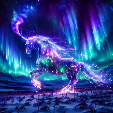 (HD, masterpiece, best quality, hyper detailed, ultra detailed, super realistic),"Create a mystical vision of a translucent spirit horse galloping across an open plain beneath a 'morph-aurora.' Its body glows faintly in shades of amethyst purple and frosty silver, matching the swirling lights above. Real horses graze nearby, occasionally pausing to watch the spectral figure race through the glowing landscape.", morph-aurora<lora:challenge\aurora_0_100_V1-000009.safetensors:1.0:1.0>