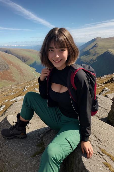 ((raw photo)),
Evie 22 years old, beautiful face, fashion model face, huge boobs, hiking jacket, black tee, cargo pants, walking boots, blonde hair, messy bob cut, bangs, green eyes, close up, tanned skin, full body shot, shy smile, sitting on rock high on mount Snowdon.