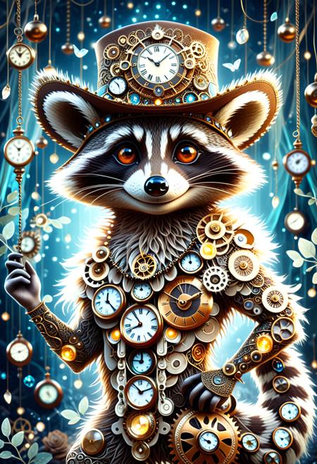 The image depicts a highly stylized and artistic representation of a (smiling raccoon wearing a cowboy hat:1.3) with a crystal, intricate white and bronze design. The figure has a slender, elongated body with a smooth, almost ethereal surface. The skin appears to be a combination of clocks and organic vines, with a pattern that resembles numbers between 1 and 12. The figure's body is adorned with a series of small, glowing lights and gears that add to the natural and otherworldly aesthetic.

The figure has fur that is intricately woven with metallic elements and small, delicate cogs. The fur is styled in a way that frames the face and extends down the back like steam or smoke. The face itself is striking, with large, expressive eyes that have an blue|green|amber|violet hue, giving the figure an intense and captivating gaze.

The background consists of a Victorian era circus, steampunk