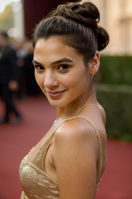 Realistic photo of a beautiful g4lg4d0t-v2 woman,  1girl, solo, breasts, looking at viewer, smile, black hair, dress, bare shoulders, brown eyes, closed mouth, upper body, hair bun, mole, lips, mole under eye, blurry background, realistic, soft lighting, professional Photography, Photorealistic, detailed, RAW, analog, sharp focus, 8k, HD, DSLR, high quality, Fujifilm XT3, film grain, award winning, masterpiece<lora:g4lg4d0t-v2:1.0>