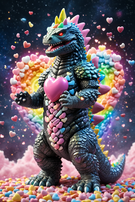a 3D cute godzilla kaiju made from candyhearts armor,breathing rainbows,magic,sci fi,energy,text "KAIJU",<lora:Candyhearts-15:0.7>,(outer space background) . Professional,modern,masterpiece,super realistic,highly detailed