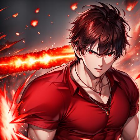 Masterpiece, 4K, High Quality, realistic, contrast, 1man, solo, <lora:Badass_Ikemen:0.8>, wearing a red shirt, necklace, fighting gear, face ultra focus, menacing, explosion in the background, looking at the viewer