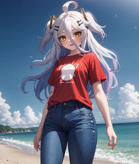 <lora:henya-v3-0-a2-000011:1>
1girl, solo, cowboy shot, standing, 
henya the genius, vshojo, 
beach, red shirt, t-shirt, jeans, blue pants,
yellow eyes, long hair, hair between eyes, ahoge, purple hair, grey hair, gradient hair, two side up, hair ornament