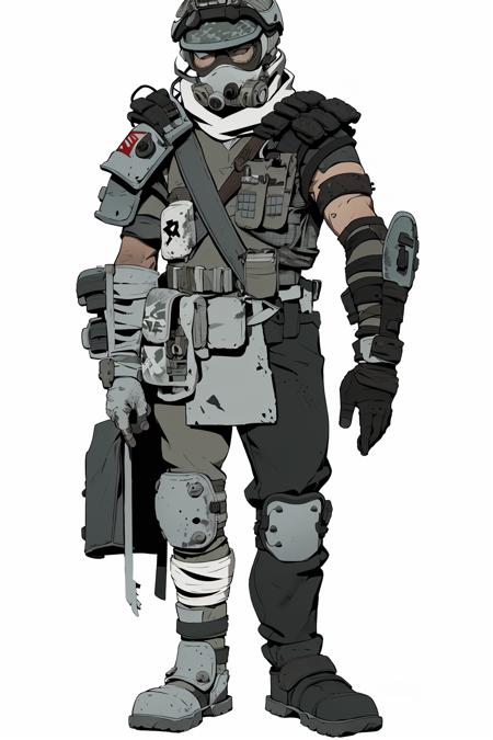 post-apocalypse, Doomsday wasteland style, concept art, character painting, solo, 1boy, gloves, male focus, white background, armor, knee pads, simple background, grey hair, holding, helmet, bandages, single glove, standing, mask, boots, mouth mask, bandaged arm, grey headwear<lora:MORI:0.7>,