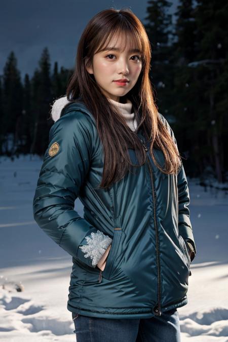 masterpiece, best quality, ultra-detailed, ultra high res, (photorealistic:1.4), raw photo, (realistic:0.2), CG, 4k HDR, perfect lighting, 1girl, solo, looking at viewer, (winter clothes, padded jacket), outdoor, (snow, snowflakes), night, aurora sky, upper body, lower body, asymmetrical wavy long hair, (detailed oily skin, medium breasts:0.8), (detailed face), (detailed background :1.1), hands in pocket,