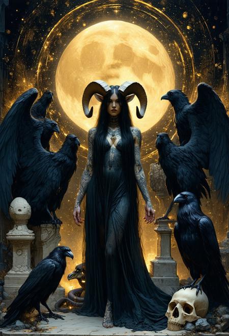 Dark goddess with large ram horns, long black hair, tattooed and ethereal body, posed before a glowing golden moon, surrounded by fallen angels, stone statues, a skull with a raven, and a serpent, cosmic background of swirling black and gold, occult celestial theme, powerful divine feminine energy.
<lora:FLUX-daubrez-DB4RZ-v2:0.55> <lora:Sinfully_Stylish_.02_for_FLUX:0.35> <lora:dystopia:0.6>
