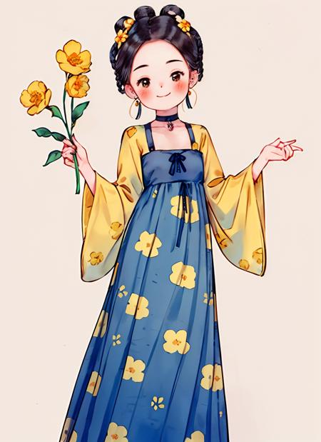 1girl, solo, blush, smile, simple background, black hair, hair ornament, long sleeves, white background, dress, ribbon, holding, standing,  braid,earrings, choker,  floral print, facing viewer, hair rings, yellow flower, holding flower, <lora:gufeng_v1:0.7>