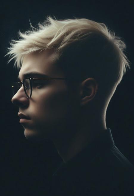 Young man, melancholic , looking slightly downwards, moody, dark, artsy, pop album cover shot, from the side, graphic design background, ethereal glow surrounds his head, mystic shine, double exposure on the man's head with the portrait of a young woman with short blonde pixie hairstyle and glasses with rectangular black frame