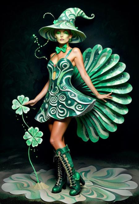 best quality, masterpiece, high resolution, intricate detailed,
PsychadelicChaos,
beautiful photo of a Avant-garde Fashion - Model, wearing surreal futuristic sandswirl costume, psychadelic ornaments, folded paper fans hat made of swirling sand,
iridescent, alien clothing. full body, hat, boots,
ShamrockWorld, clover, four-leaf clover, light particles, bow, striped, bowtie, green gems,
rays of light, natural light,
simple dark background, meadow background,