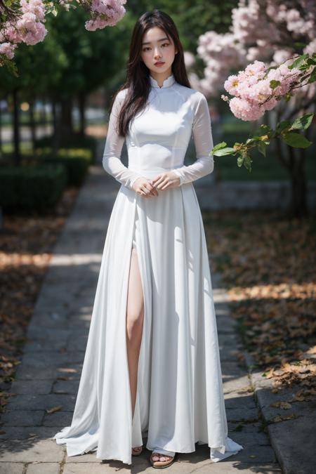 1girl, aodai white, photo art, (flower), <lora:aodai_SDLife_Chiasedamme_v3.0:0.62>, a stunning photo with beautiful saturation, ultra high res,(realistic:1.4)),deep shadow,(best quality, masterpiece), pale skin, dimly lit, shade, flustered, blush, highly detailed, skinny, BREAK depth of field, film grain, wrinkled skin, looking at viewer, knee, warm smile, (upper body), masterpiece,ultra realistic,32k,extremely detailed CG unity 8k wallpaper, best quality, (full body:1.4)