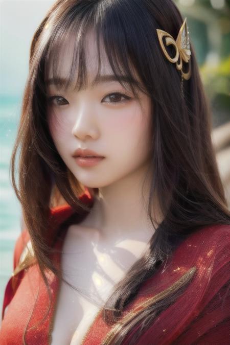 an asian girl at the beach,full body shot,highly detailed face,wet skin,highly detailed skin,<lora:epiNoiseoffset_v2:1> <lora:EasyNegative:1> <lora:add_detail:1> <lora:TAF2022-b4:1>,, ((Masterpiece)), ((Best Quality)),  ((Photorealistic)), (Detailed), highly detailed face, highly detailed background, dynamic lighting, 8K, HDR, awarding winning, trending on artstation, by greg rutkowski, A stunningly beautiful, elegant, and ethereal woman wearing a robe made of magic, swirling magic around the magic, hyperrealistic, fantasy, regal, detailed, octane render, photorealistic, ornate, magical, spellsword, dnd, style of klimt, aggressive face, red background