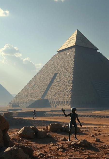 (photorealistic, realistic, masterpiece, best quality, amazing quality, very aesthetic, absurd res, scenery, glossy image, shiny image, dramatic lighting, volumetric lighting, dramatic shadows). 
Aliens are building an Egyptian pyramid.
