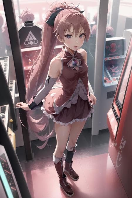 pmmmKyouko, solo, full body, from above, \(a girl using an arcade cabinet\), (detailed shiny anime style eyes), flat chest, detailed textures, neon lighting, colorful lighting, aesthetic, intricate, glowing, bokeh, sharp focus,  <lora:KyoukoSakura:1>