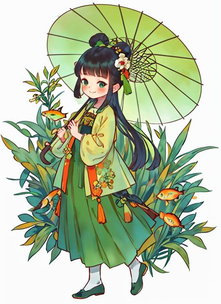 1girl, solo, long hair, looking at viewer, blush, smile, bangs, simple background, black hair, hair ornament, long sleeves,  standing, full body, shoes, hair bun, double bun, umbrella, chinese clothes, tassel, fish, green dress,   <lora:gufeng_v1:0.7>