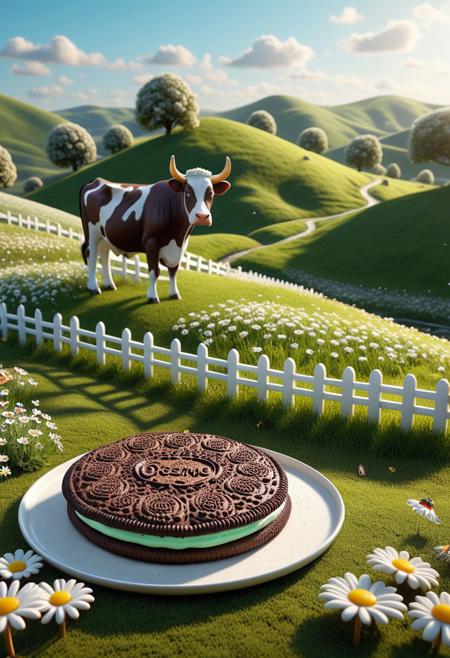 masterpiece, 4k, ray tracing, intricate details, highly-detailed, hyper-realistic, 8k RAW Editorial Photo.
A dreamlike pastoral meadow where everything is made of creamy cookies — rolling hills of soft biscuit, wildflowers blooming with cream petals, chocolate butterflies fluttering overhead. A giant cookie-cow grazes near a caramel stream. Gentle sunlight from the right, casting soft, golden shadows across the delicious terrain. Vibrant complementary palette of lush green mint frosting and dark chocolate brown. Rule of thirds places the cookie-cow as focal point, with leading lines from candy-cane fences.
cinematic light, dramatic light, shallow depth of field, high budget, bokeh, cinemascope