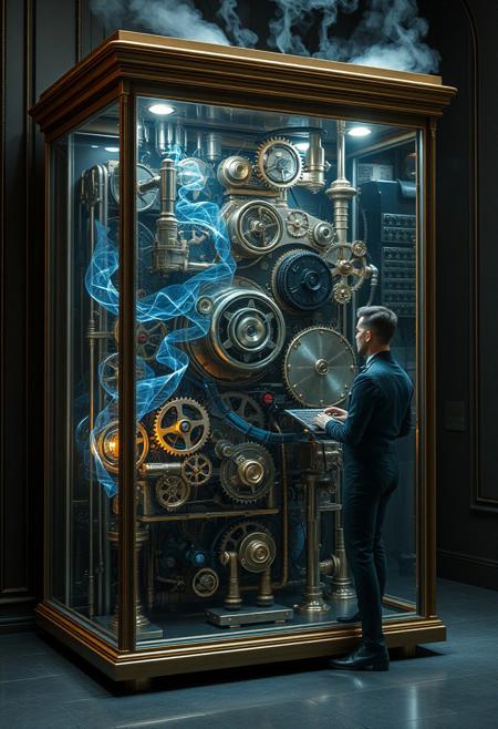 Inside of its glass case a fantastical steampunk quantum computer bends time and space. Beams of energy swirl and dance around the intricate clockwork gears and cog wheels. Steam issues from a bank of pipes along the top of the cabinet. Outside of the case a steampunk engineer, resplendent in his uniform, stands at a keyboard to one side. This striking steampunk image, envisioned as a high resolution digital image, showcases the machine's ornate design and cutting-edge functionality. Every detail is meticulously rendered, creating a visually stunning masterpiece that captivates the viewer with its intricate beauty and technological brilliance.