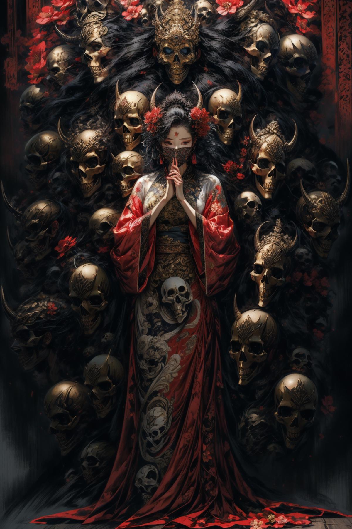 A woman in a Geisha outfit surrounded by skulls and bones.