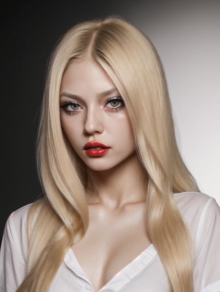raw photo, (long blonde hair girl:1.2), realistic skin texture, (black background:1.1), white shirt, upper body, shiny skin, detailed skin, red parted lips, mature female,  eyelashes, eyeliner,