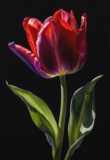 A  painting of a red and purple tulip beginning to open its petals, green stem and leaves, matte black background, backlighting