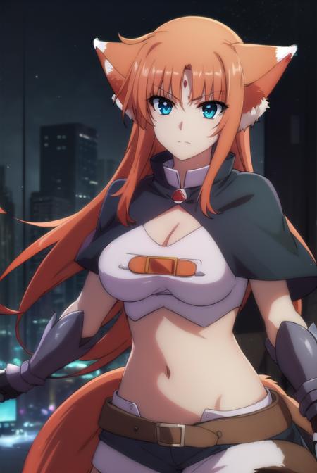 arf testarossa, long hair, blue eyes, orange hair, forehead jewel, animal ears, wolf ears, gloves, navel, cleavage, tail, midriff, fingerless gloves, cleavage cutout,