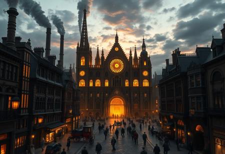 A bustling European city inspired by Victorian-era industrial architecture. Intricate ironwork, soot-covered stone facades, and towering chimneys spew smoke over the busy cobblestone streets filled with mechanized carriages and bustling crowds. At the city's heart stands a grand fantasy cathedral dedicated to the God of the Eternal Blazing Sun. Its radiant golden spires rise toward the sky, while stained glass windows depict celestial scenes, casting divine light across the square.
The cathedral’s gothic arches and sun symbols glow with an ethereal energy. The central sun disk hovers, radiating warm light, a stark contrast to the surrounding dark, soot-covered buildings. The city’s gas lamps flicker against the rough stone, while the cathedral glows with divine radiance. The mix of industrial grit and divine beauty creates a striking atmosphere as the city comes alive beneath the dramatic evening sky.
As dusk falls, the celestial aura intensifies, casting long shadows, while distant bells chime, summoning worshippers toward the golden-lit pathways of the cathedral. Ultra-realistic, 32k, Masterpiece, High Quality, with High Detailed Skin and Realistic Lighting, capturing the beautiful, intricate background in stunning detail. Official art, emphasizing epic, detailed realism.
(Ultra Realistic:1.0), 32k, (Masterpiece:1.0), (High Detailed Skin:1.0), (High Quality:1.0), (Detailed Realistic Background:1.3), (Official Art, Beautiful:1.2), (Realistic Lighting:1.0).