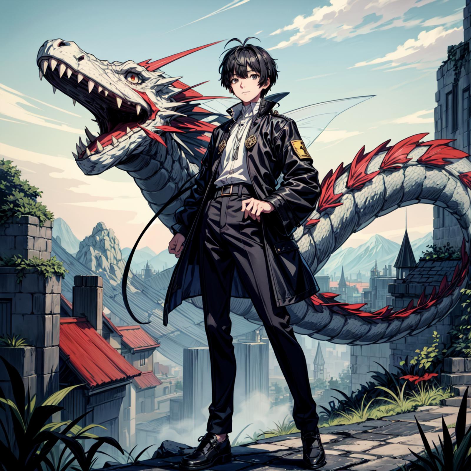 A young man standing next to a dragon in a fantasy world.