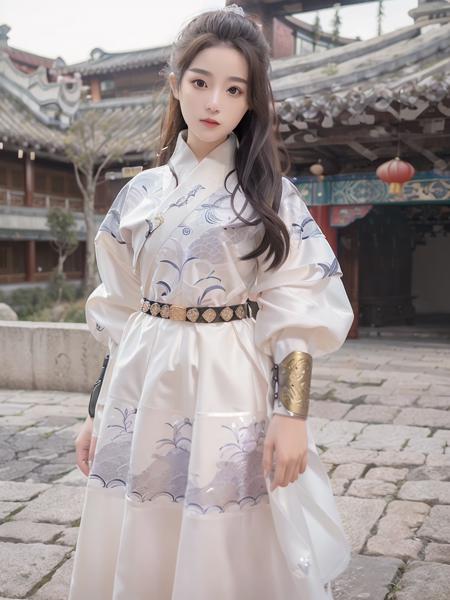 1girl,white fabric, golden embroidery, black belt with golden embroidery, white collar,  wearing the feiyu_clothes, standing, black bracer with golden embroidery,(RAW photo, best quality), (realistic, photo-realistic:1.4), masterpiece, an extremely delicate and beautiful, extremely detailed, 2k wallpaper, Amazing, finely detail, extremely detailed CG unity 8k wallpaper, ultra-detailed, highres, soft light, beautiful detailed girl, extremely detailed eyes and face, beautiful detailed nose, beautiful detailed eyes,cinematic lighting,city lights at night,perfect anatomy,slender body,smiling <lora:FYF_v123:0.9>  <lora:Cute_girl_mix4:0.7>