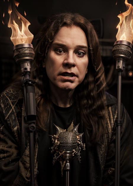 ozzy, realistic, Microphone, fire, Lights, photorealistic, analog style 