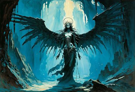 A hauntingly ethereal scene where a shrouded creature, its form obscured by tattered cloaks of shadow, emerges from the inky abyss. Its skeletal hand, elongated and tipped with sharp claws, is poised to pierce the chest of a serene angel, , <lora:add-detail-xl:3>, famous artwork (by john berkey:1.2), (fractal art:1.2), fantasy style,, (by Henry asencio:1.1), (by Josephine Wall:1.1),  (by Edgar Degas:1.2), (by Pierre-Auguste Renoir:0.9), (by Claude Monet), (by Vincent Van Gough:), (by J M W Turner), (by Hokusai) and  (by James Gurney) , (oil painting), (Art Nouveau), (by Gustav Klimt:), (by Egon Schiele), (by Oskar Kokoschka), (by Alphonse Mucha), (in ukiyo-e art style:0.6), (masterpiece:1.2), (epic composition:1.4), (talent:1.2)