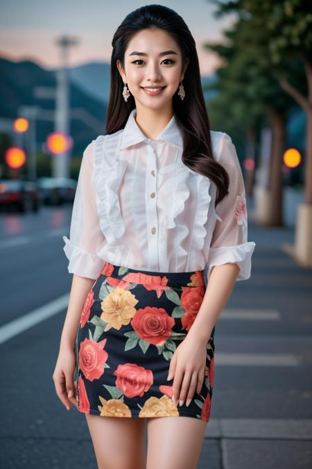 ((Masterpiece, best quality, cinematic lighting, 8k, full body shot, long hair)), (smile:0.85), (realistic scenic background)
<lora:Ruffled_Office_Dress_By_Stable_Yogi:1> ruffled shirt, floral print pencil skirt