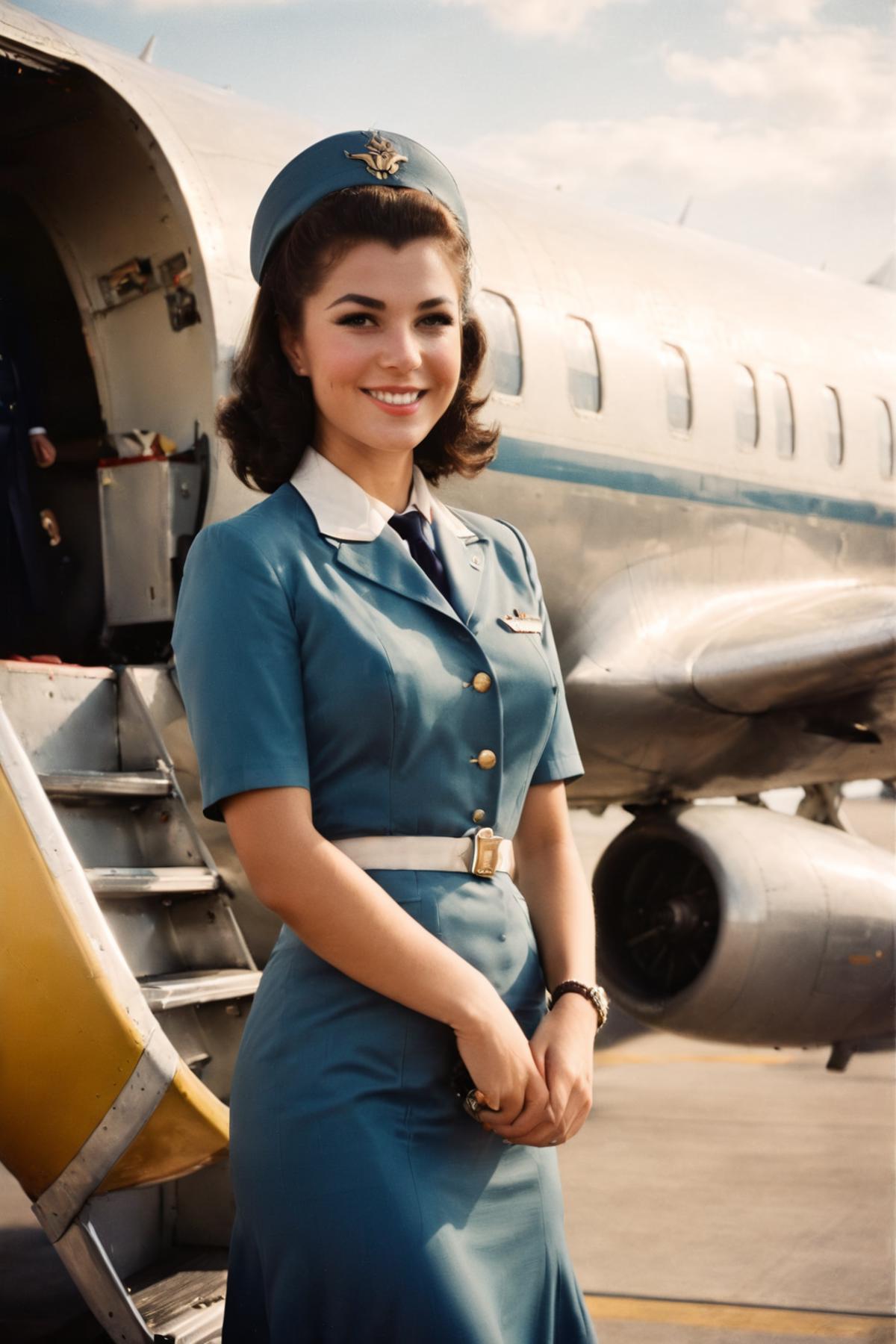 A smiling female airline flight attendant posing in front of a commercial airplane.
