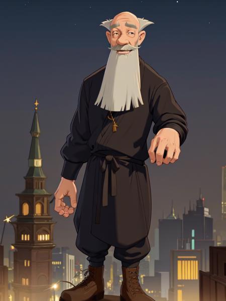 tihon, solo, looking at viewer, 1boy, standing, full body, grey hair, male focus,  facial hair, brown footwear,  beard, mustache, old man <lora:tihon-10 (1):0.6> dark theme, 
 action shot, rooftops, night time, cityscape background, (by (Alphonse Mucha:0.6), by Ilya Kuvshinov)  <lora:LowRA (2):0.3>