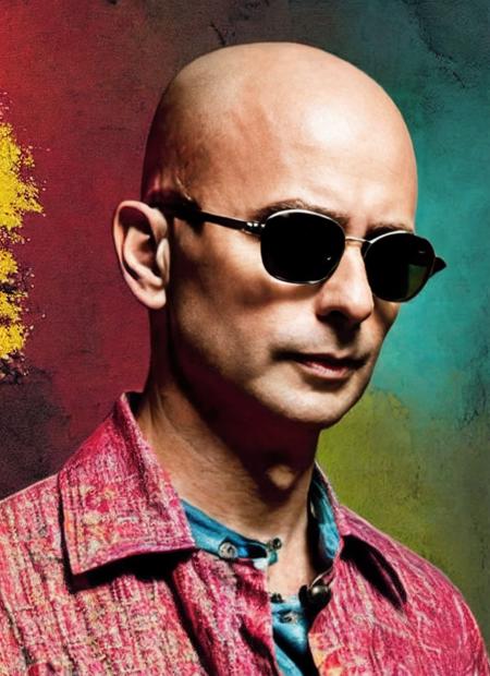 portrait of sks man ((ind1o)) like a hippie without hair and tattoos with aviator glasses, by Flora Borsi, style by Flora Borsi, bold, bright colours, dark Mohawk haircut, ((Flora Borsi)) <lora:ind1o:1>