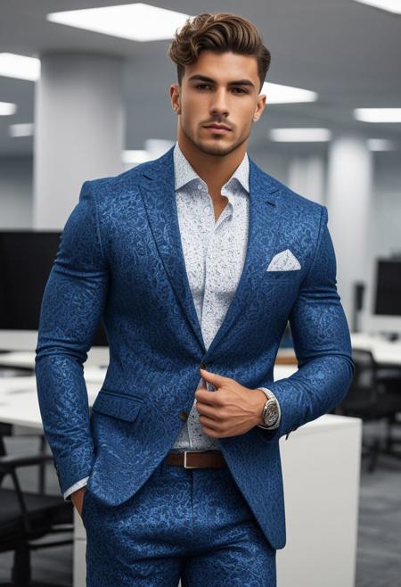 a strong 22-year-old spanish hunk bodybuilder male, with a fringe up wavy undercut hairstyle, detailed face, mindless expression,  wearing a blue suit with silver patterns, wearing pants,  on a modern office, standing at attention pose, looking at viewer, portrait, photography, detailed skin, realistic, photo-realistic, 8k, highly detailed, full length frame, High detail RAW color art, diffused soft lighting, shallow depth of field, sharp focus, hyperrealism, cinematic lighting