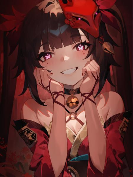 masterpiece, high quality, 1girl, amazing cinematic, sparklehsr, red gold-trimmed kimono, o-ring halterneck, hair ornaments, mole under both eyes, red string, flower tattoo, neck bell, fox mask on head, butterfly-shaped pupils, brown gradient hair