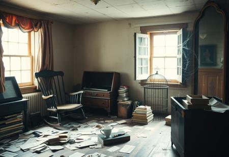 Captured with a Canon EOS R5, the scene features soft ambient light diffused through dusty attic windows. An old rocking chair sits among scattered relics—faded postcards, crumpled letters, and stacks of forgotten books.
A torn velvet curtain sways with the breeze, filtering light into the space. The air is thick with the scent of aged wood and musty paper. A phonograph stands in the corner, its needle poised above an untouched record, waiting to play a tune from another time. A chipped porcelain teacup sits abandoned on a nearby table, beside a dried-out fountain pen. A wooden trunk, its brass hinges tarnished with time, sits ajar, revealing delicate lace dresses and forgotten love letters tied together with frayed ribbon. Cobwebs cling to the corners of an antique mirror, distorting reflections like ghostly echoes of the past. The floor creaks underfoot, as if whispering forgotten names, while an empty birdcage, its door ajar, hints at something once treasured but now lost to time.